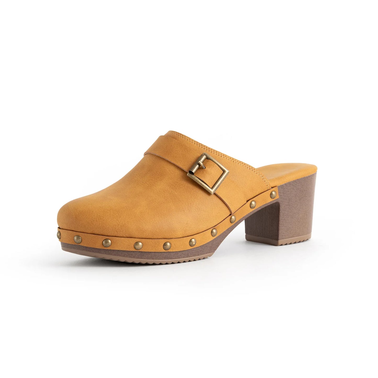 Mules à rivets pour femmes, boucle de ceinture, sandales à bout rond fermé, talons hauts épais, chaussures en cuir pour femme, rétro et décontractées