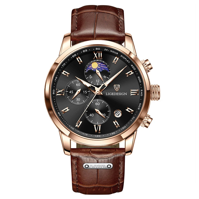 Montre-bracelet de luxe pour femme LIGE, bracelet en cuir, étanche, décontractée et sportive, à quartz, avec affichage 24 heures et phase de lune.