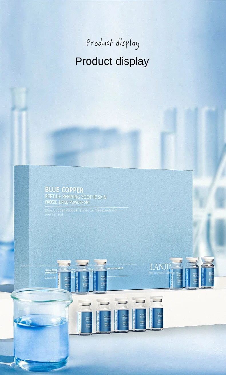 Ensemble de poudre lyophilisée réparatrice pour la peau du visage au peptide de cuivre bleu, pour peaux sensibles, hydratante, raffermissante et lissante, avec essence à l’acide hyaluronique