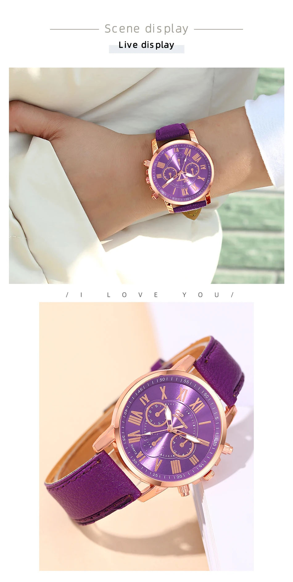 Montre Femme Fashion Montres pour Femmes Bracelet en Cuir Violet Quartz Montre-Bracelet pour Femmes Montre Décontractée et Professionnelle Relogio Feminino