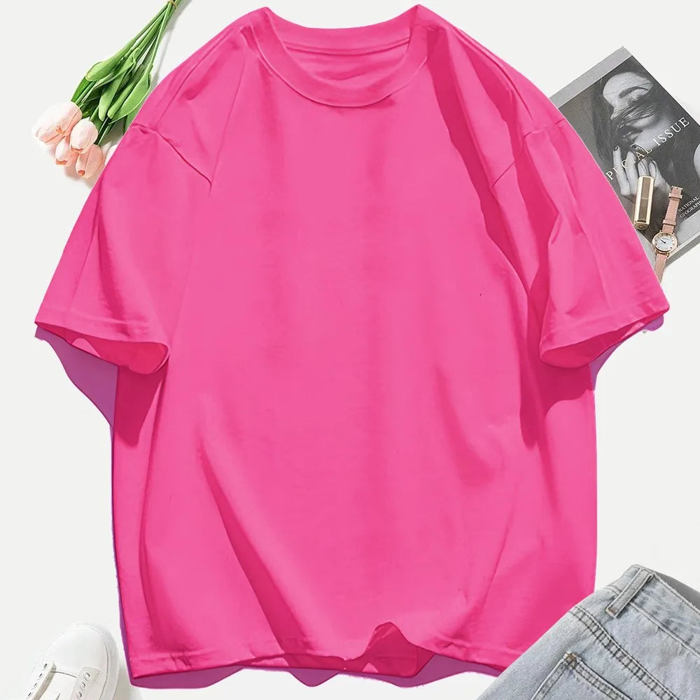 T-shirt femme Y2K 100 % coton, t-shirt décontracté de couleur unie, col rond, hauts d’été pour femmes, mode oversize, sportswear féminin tendance.