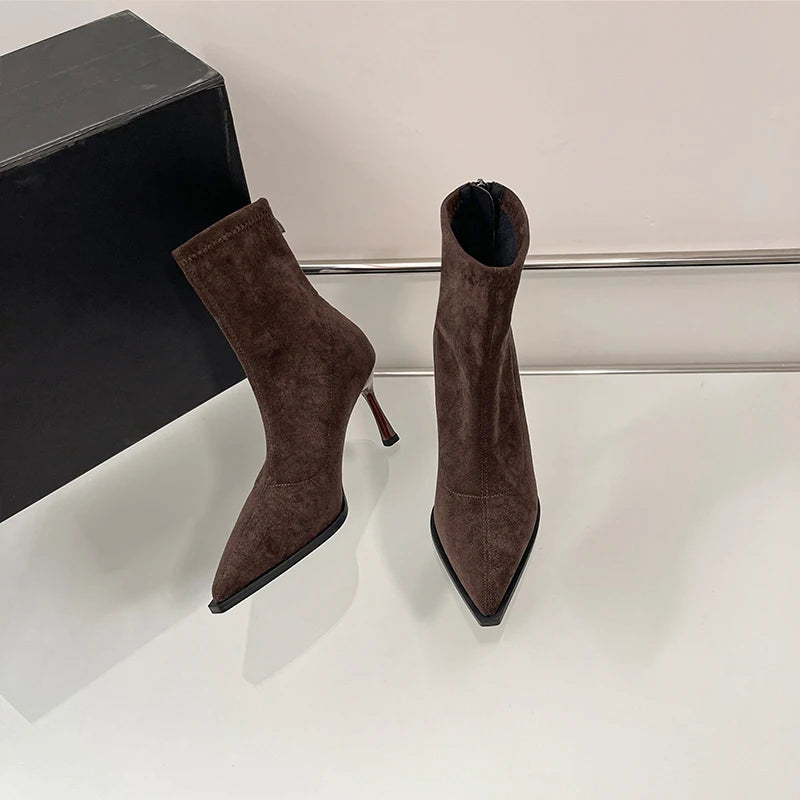Bottines à talons hauts pour femmes à bout pointu, chaussures élégantes et tendance pour danse et soirées, bottines courtes slim extensibles pour femmes, automne-hiver