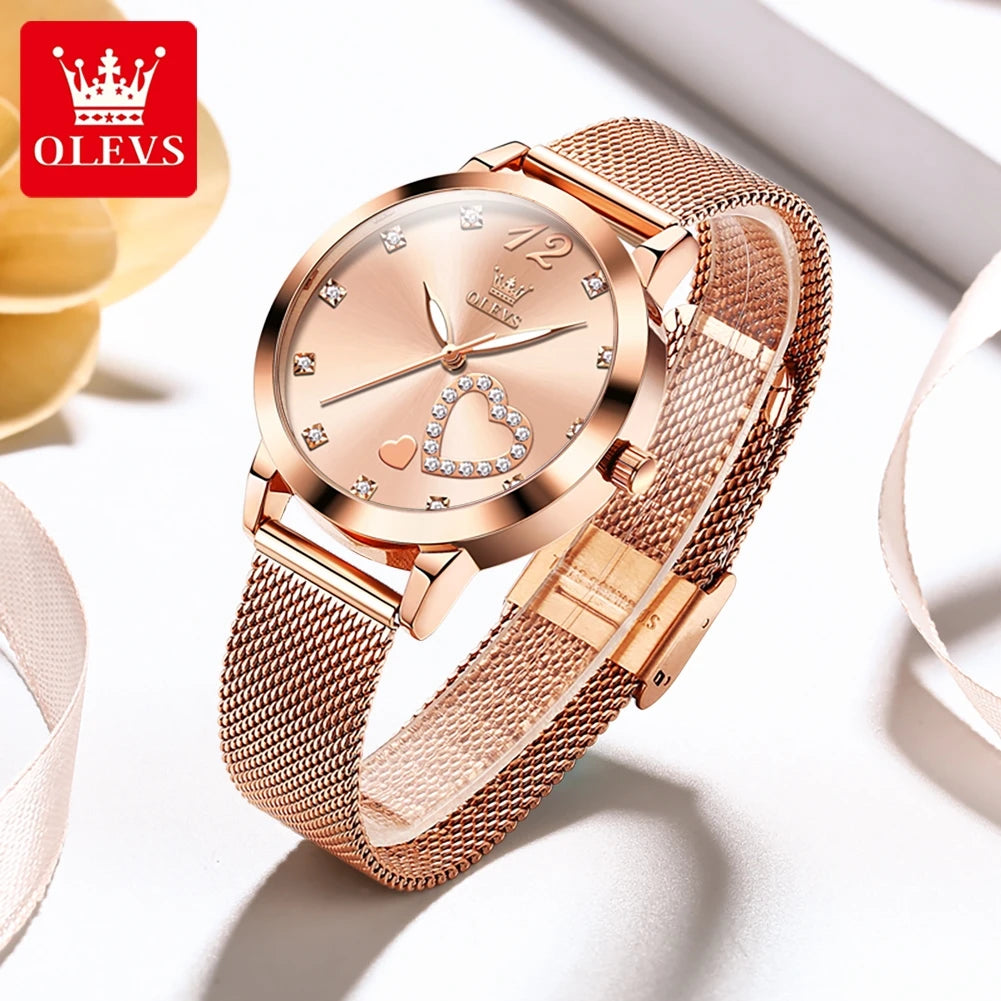 Montre pour femme OLEVS 5189, montre-bracelet à quartz, montre décontractée et tendance pour dames, étanche, lumineuse, bracelet en maille, cadran cœur, index en zircon.