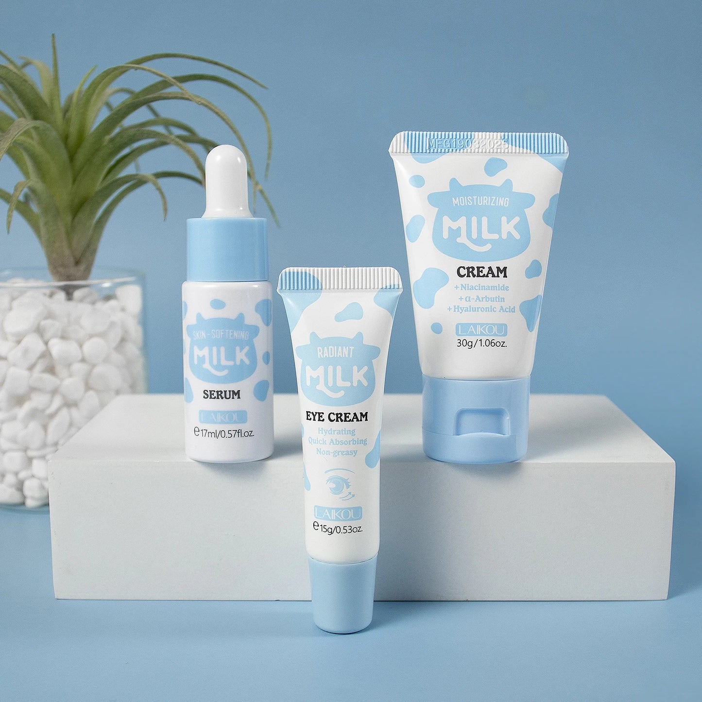 Coffret Trio Éclat au Lait LAIKOU – Kit de Nutrition Profonde, Soin Hydratant Non Gras avec Sérum, Crème Contour des Yeux et Crème Hydratante, Coffret Cadeau