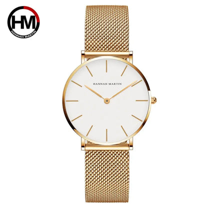 Montre pour femme HANNAH MARTIN en acier inoxydable de qualité, mouvement à quartz japonais, étanche, 36 mm, entièrement or rose, idéale pour le dropshipping.