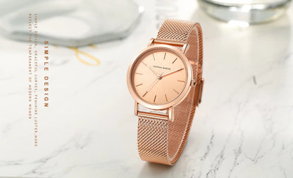 Montre pour femme HANNAH MARTIN en acier inoxydable de qualité, mouvement à quartz japonais, étanche, 36 mm, entièrement or rose, idéale pour le dropshipping.
