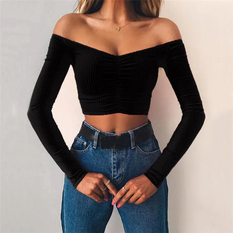 T-shirts pour femmes sexy et mode club, T-shirt femme à manches longues épaules dénudées couleur unie, T-shirt basique d’automne pour femme