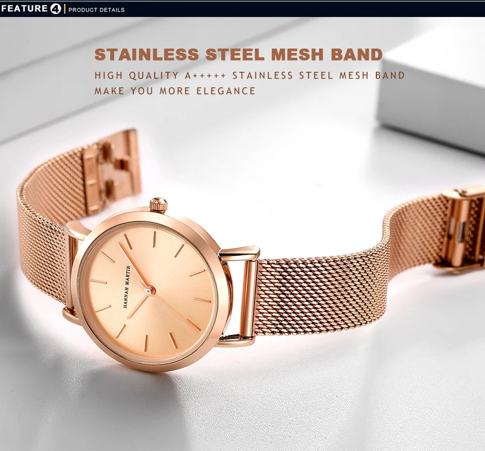 Montre pour femme HANNAH MARTIN en acier inoxydable de qualité, mouvement à quartz japonais, étanche, 36 mm, entièrement or rose, idéale pour le dropshipping.
