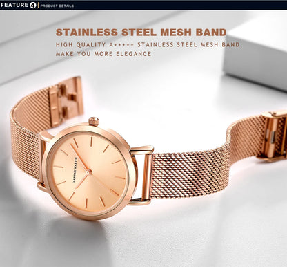 Montre pour femme HANNAH MARTIN en acier inoxydable de qualité, mouvement à quartz japonais, étanche, 36 mm, entièrement or rose, idéale pour le dropshipping.