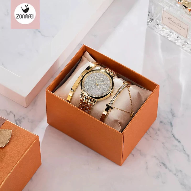 Montre femme de luxe au tempérament élégant, montre-bracelet pour femme avec bracelet, lot de 3 pièces, montre à chaîne pour anniversaire, reloj feminino