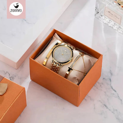 Montre femme de luxe au tempérament élégant, montre-bracelet pour femme avec bracelet, lot de 3 pièces, montre à chaîne pour anniversaire, reloj feminino