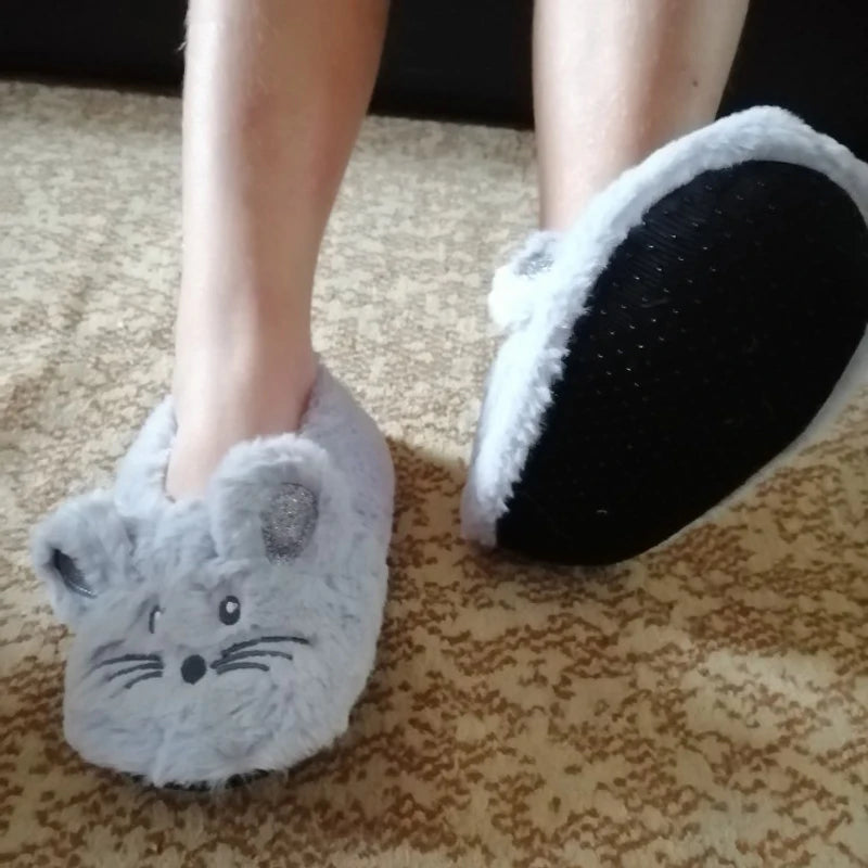 Pantoufles d’intérieur floues pour femmes, hiver, fourrure chaude en peluche, antidérapantes avec adhérence, chaussures d’intérieur moelleuses et confortables pour femmes paresseuses, oreilles de souris, chaussures de