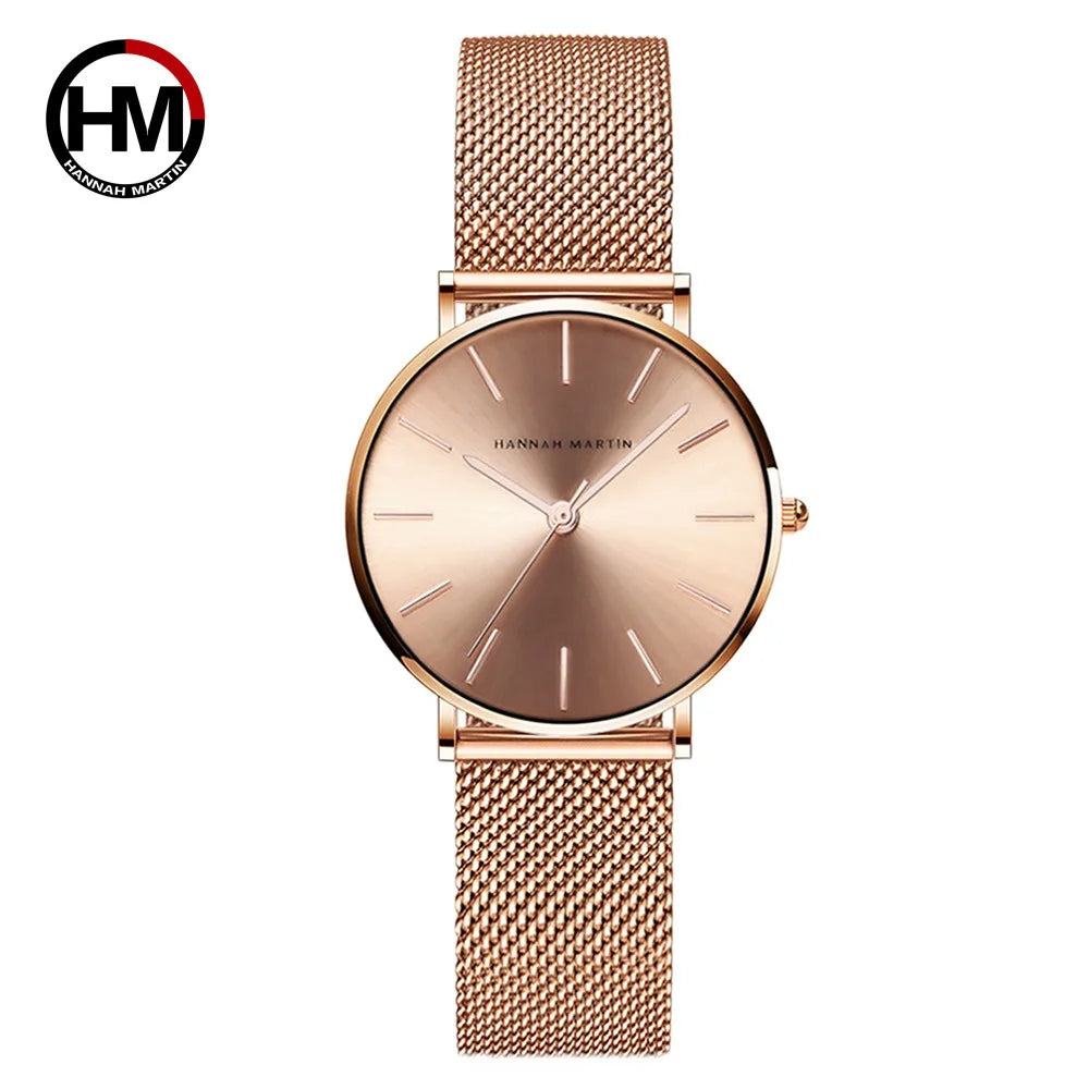 Montre pour femme HANNAH MARTIN en acier inoxydable de qualité, mouvement à quartz japonais, étanche, 36 mm, entièrement or rose, idéale pour le dropshipping.