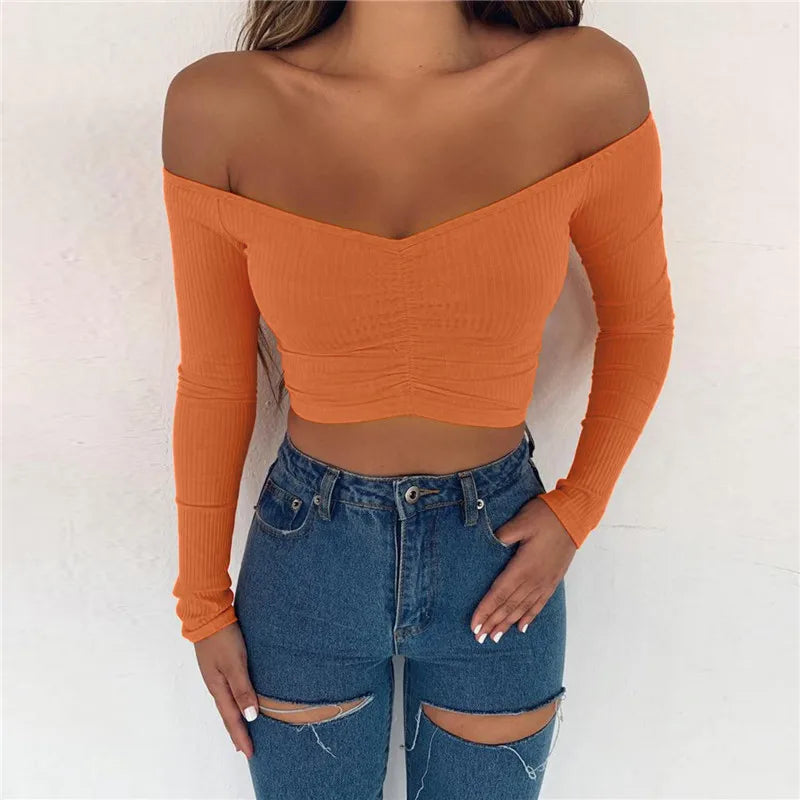 T-shirts pour femmes sexy et mode club, T-shirt femme à manches longues épaules dénudées couleur unie, T-shirt basique d’automne pour femme
