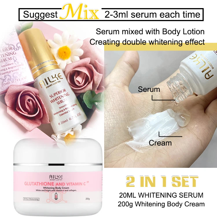 Crème de soin éclaircissante pour la peau AILKE, lotion éclaircissante, élimine les taches foncées avec glutathion, beurre de karité, crème corporelle hydratante