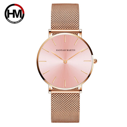 Montre pour femme HANNAH MARTIN en acier inoxydable de qualité, mouvement à quartz japonais, étanche, 36 mm, entièrement or rose, idéale pour le dropshipping.