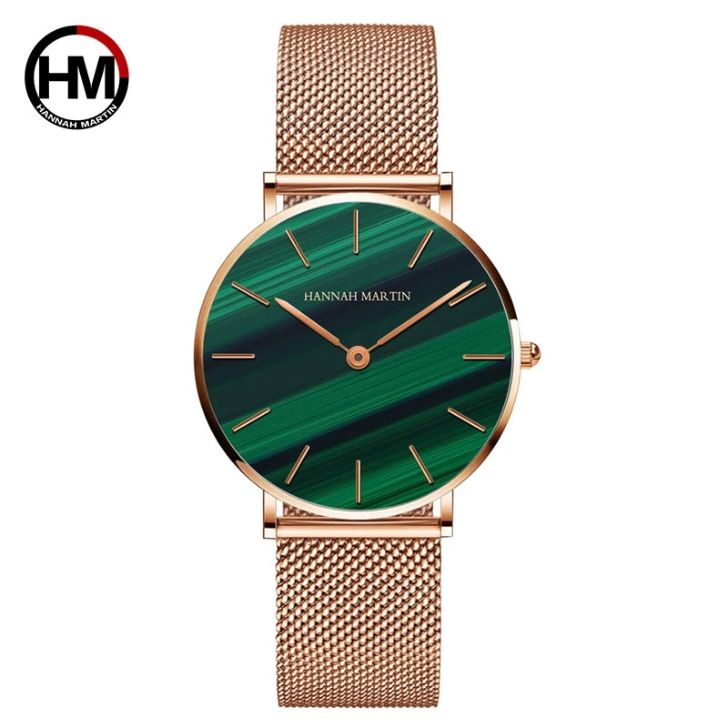 Montre pour femme HANNAH MARTIN en acier inoxydable de qualité, mouvement à quartz japonais, étanche, 36 mm, entièrement or rose, idéale pour le dropshipping.