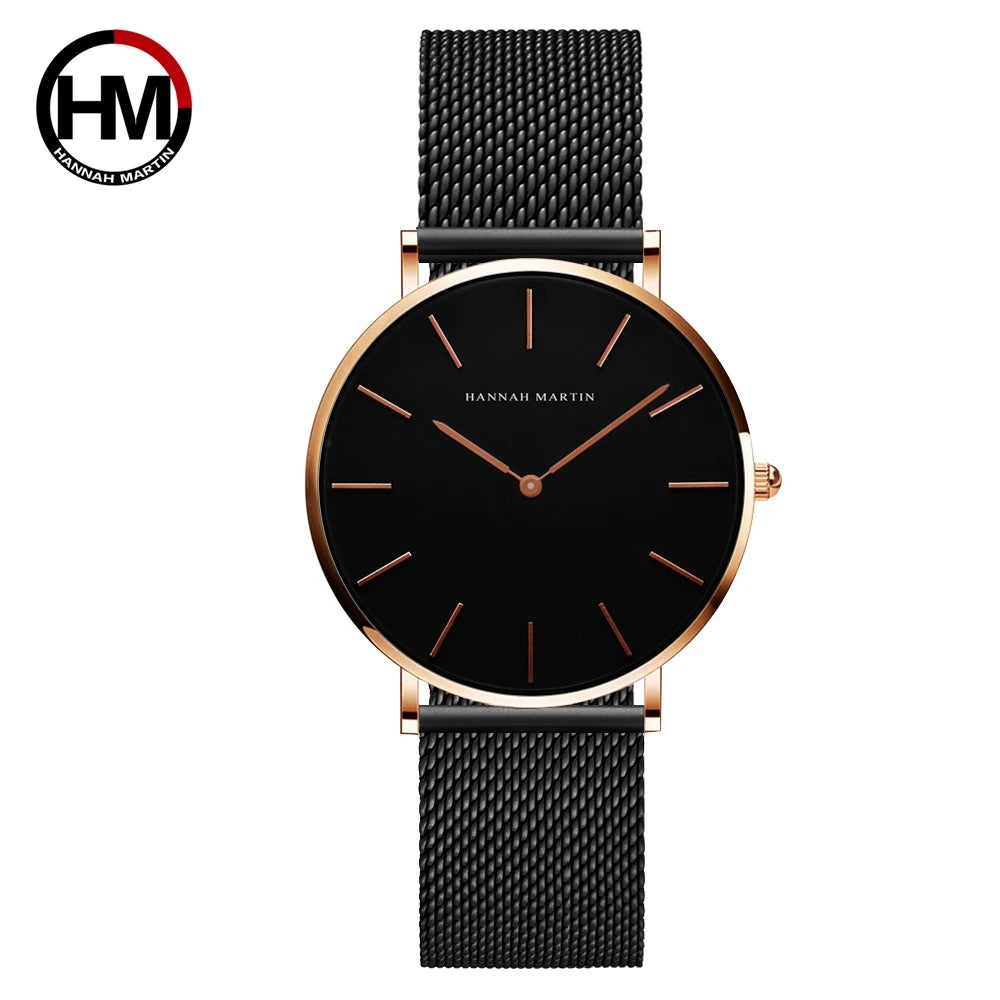 Montre pour femme HANNAH MARTIN en acier inoxydable de qualité, mouvement à quartz japonais, étanche, 36 mm, entièrement or rose, idéale pour le dropshipping.