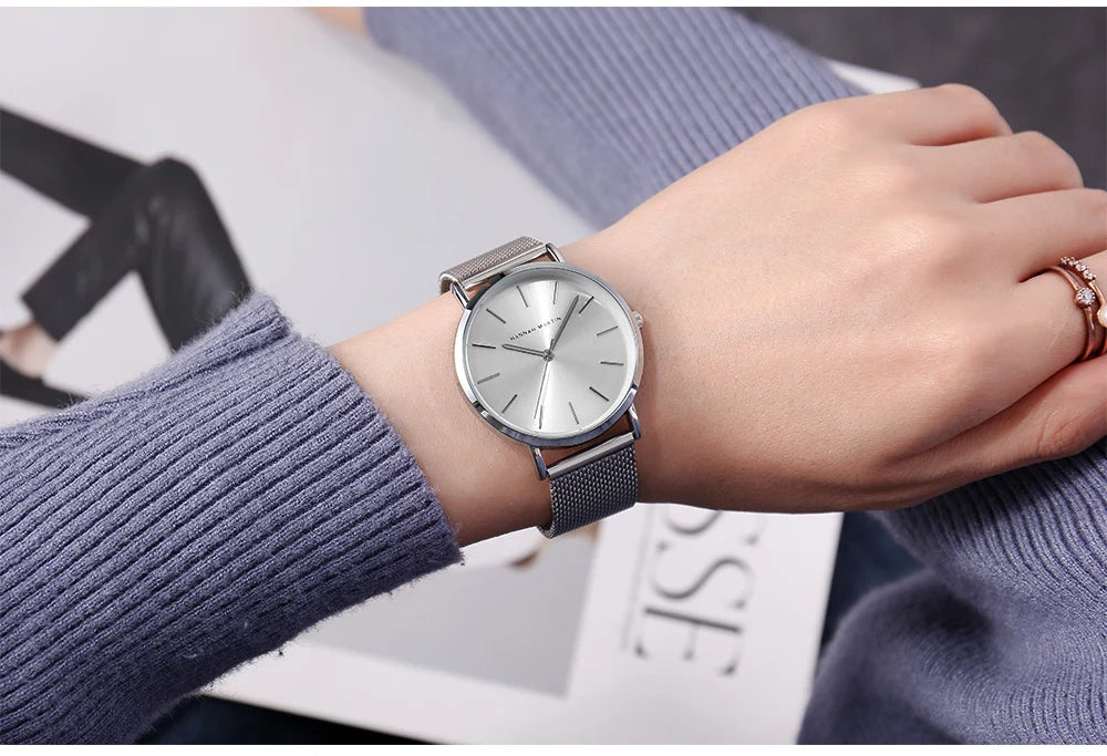 Montre pour femme HANNAH MARTIN en acier inoxydable de qualité, mouvement à quartz japonais, étanche, 36 mm, entièrement or rose, idéale pour le dropshipping.