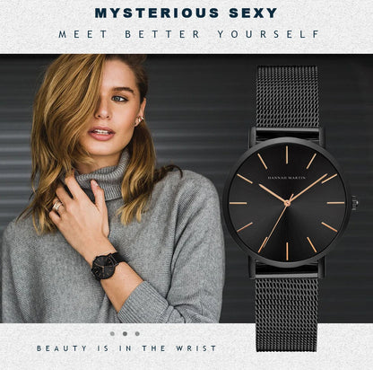 Montre pour femme HANNAH MARTIN en acier inoxydable de qualité, mouvement à quartz japonais, étanche, 36 mm, entièrement or rose, idéale pour le dropshipping.