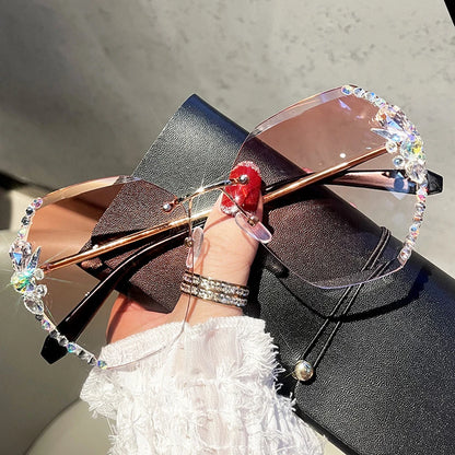 Lunettes de soleil de luxe au design vintage sans monture avec strass 2025 pour femmes et hommes, verres dégradés tendance, lunettes de soleil pour femme