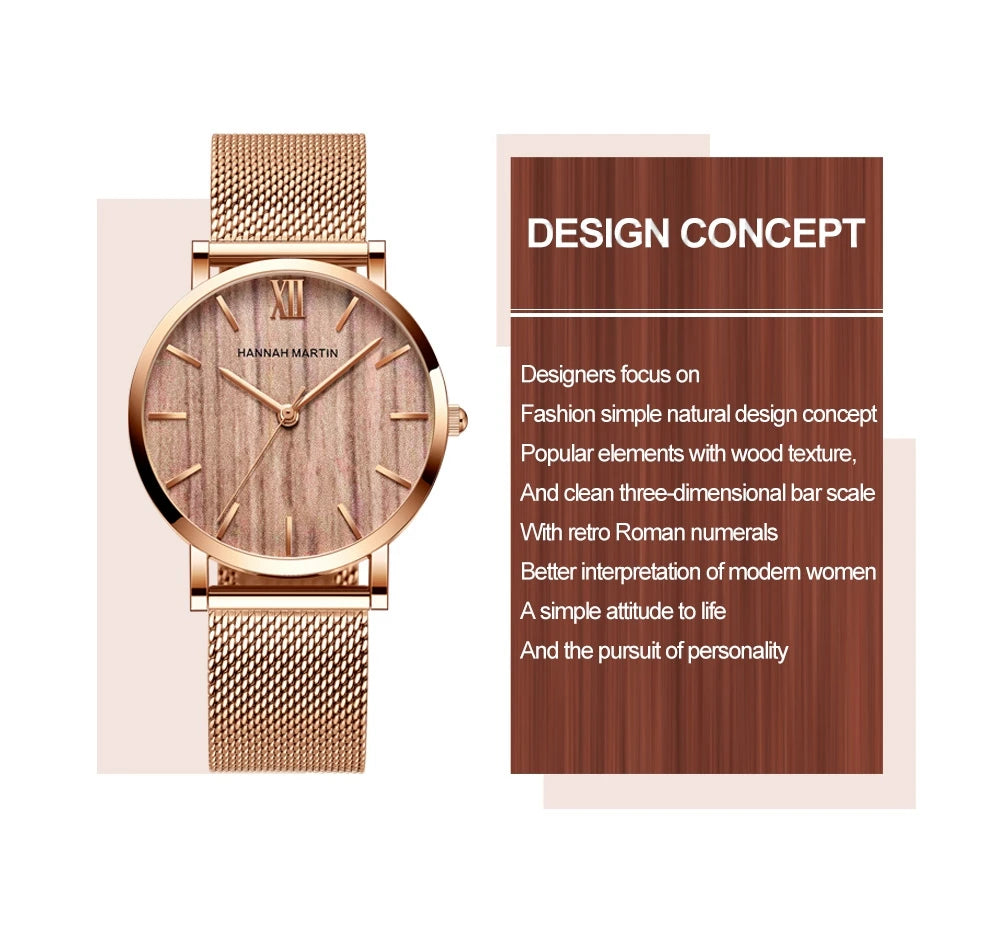 Montre pour femme HANNAH MARTIN en acier inoxydable de qualité, mouvement à quartz japonais, étanche, 36 mm, entièrement or rose, idéale pour le dropshipping.