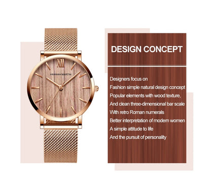 Montre pour femme HANNAH MARTIN en acier inoxydable de qualité, mouvement à quartz japonais, étanche, 36 mm, entièrement or rose, idéale pour le dropshipping.