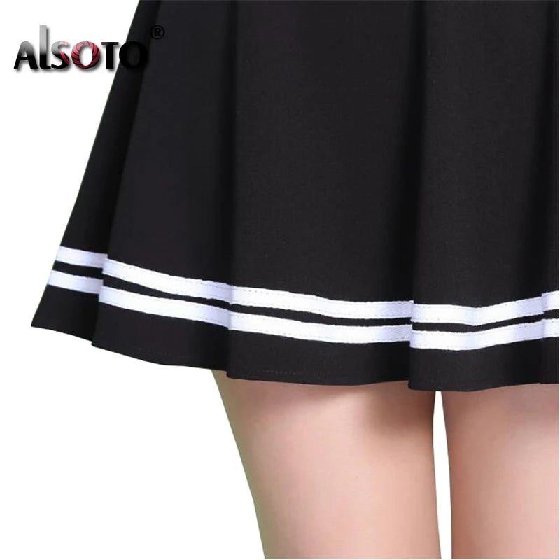 Jupe femme style été 2026 jupe de couleur unie sexy taille haute midi plissée jupes à rayures noires style école coréen mini trapèze jupe