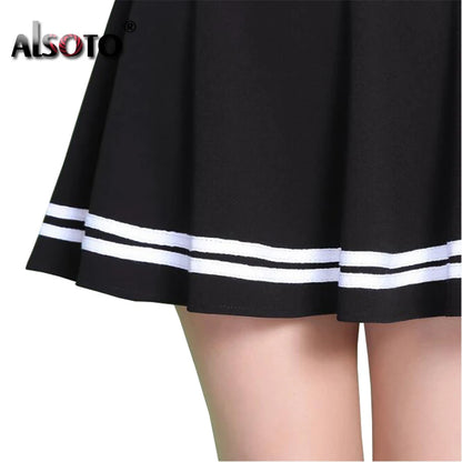 Jupe femme style été 2026 jupe de couleur unie sexy taille haute midi plissée jupes à rayures noires style école coréen mini trapèze jupe