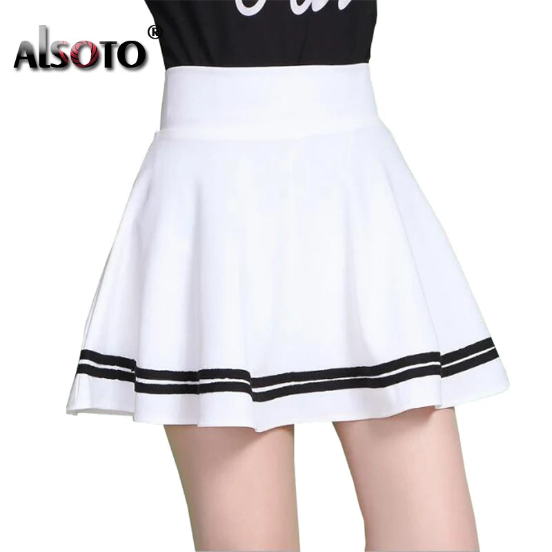 Jupe femme style été 2026 jupe de couleur unie sexy taille haute midi plissée jupes à rayures noires style école coréen mini trapèze jupe