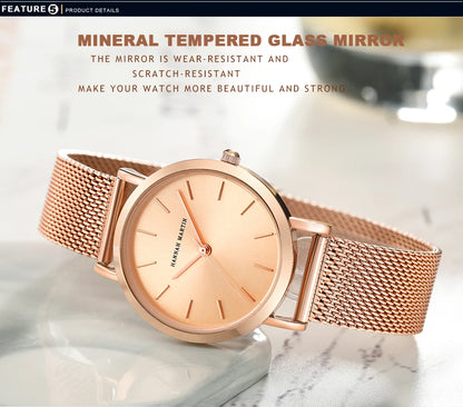 Montre pour femme HANNAH MARTIN en acier inoxydable de qualité, mouvement à quartz japonais, étanche, 36 mm, entièrement or rose, idéale pour le dropshipping.