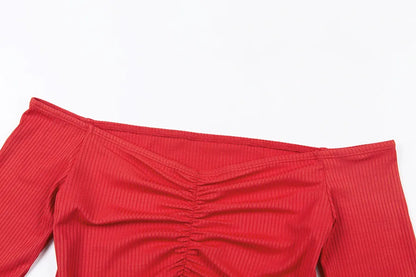 T-shirts pour femmes sexy et mode club, T-shirt femme à manches longues épaules dénudées couleur unie, T-shirt basique d’automne pour femme