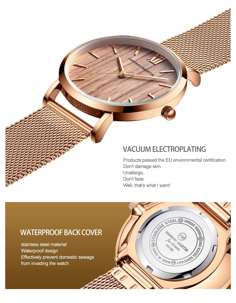 Montre pour femme HANNAH MARTIN en acier inoxydable de qualité, mouvement à quartz japonais, étanche, 36 mm, entièrement or rose, idéale pour le dropshipping.
