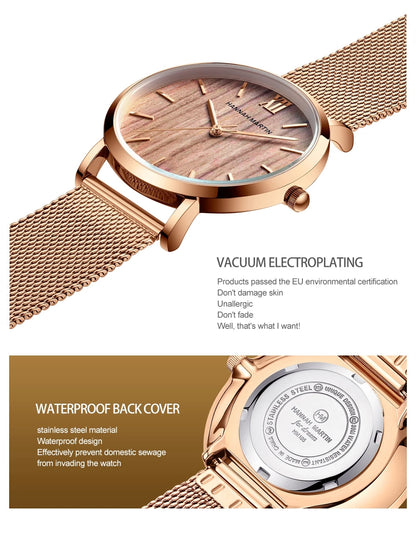 Montre pour femme HANNAH MARTIN en acier inoxydable de qualité, mouvement à quartz japonais, étanche, 36 mm, entièrement or rose, idéale pour le dropshipping.