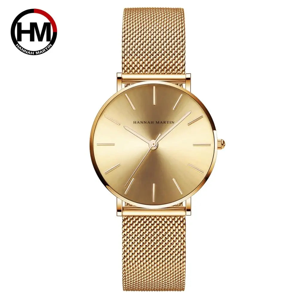Montre pour femme HANNAH MARTIN en acier inoxydable de qualité, mouvement à quartz japonais, étanche, 36 mm, entièrement or rose, idéale pour le dropshipping.