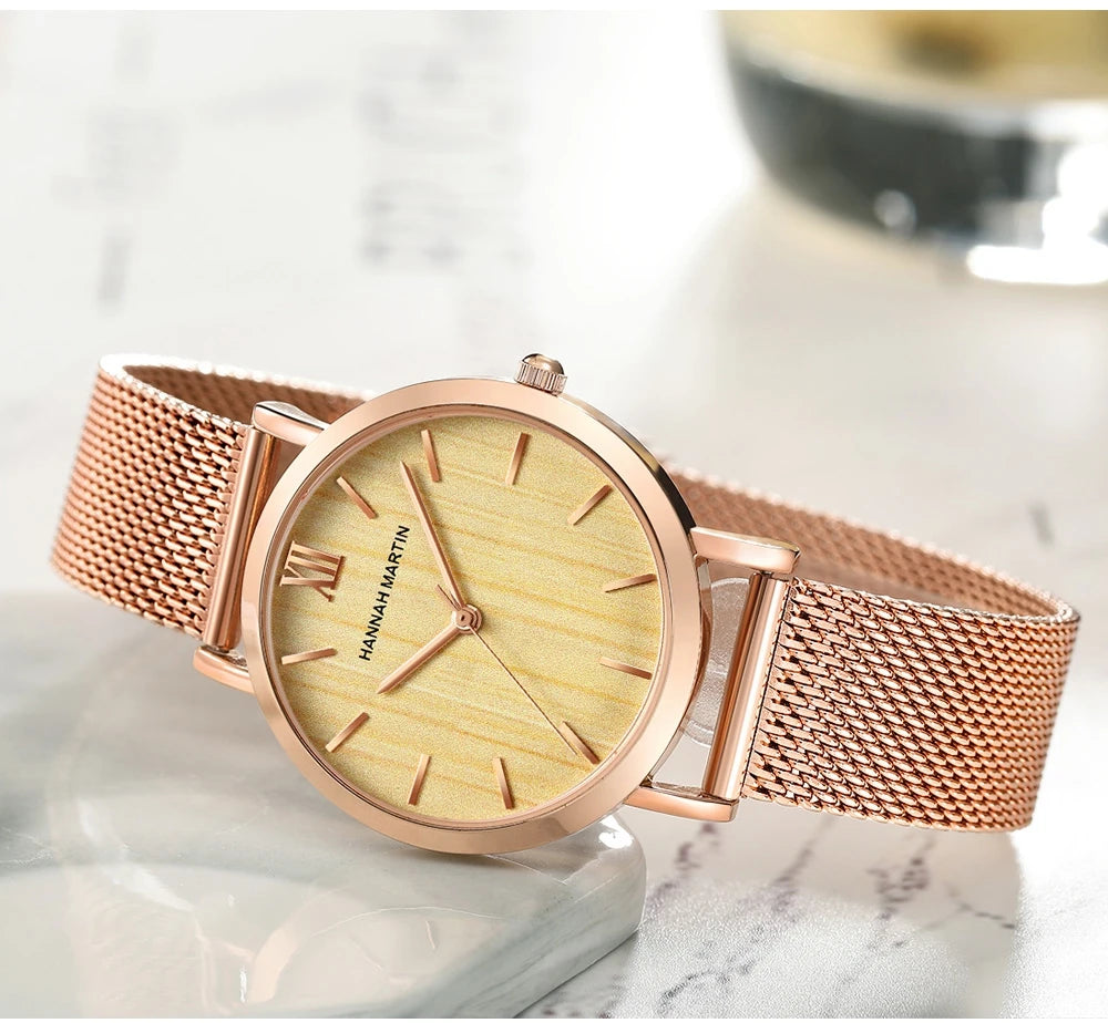 Montre pour femme HANNAH MARTIN en acier inoxydable de qualité, mouvement à quartz japonais, étanche, 36 mm, entièrement or rose, idéale pour le dropshipping.