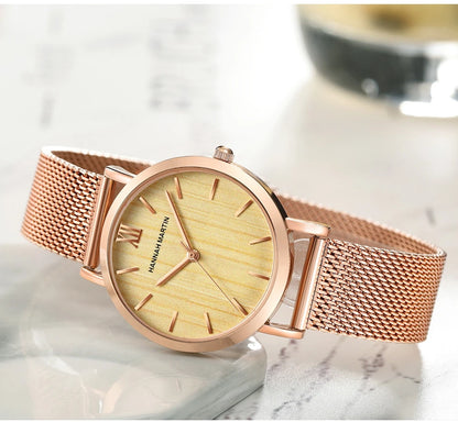 Montre pour femme HANNAH MARTIN en acier inoxydable de qualité, mouvement à quartz japonais, étanche, 36 mm, entièrement or rose, idéale pour le dropshipping.