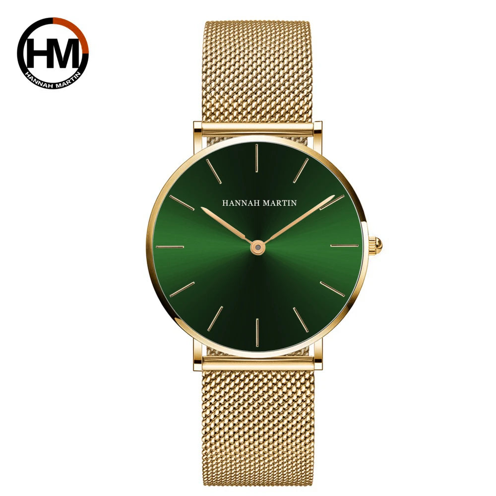 Montre pour femme HANNAH MARTIN en acier inoxydable de qualité, mouvement à quartz japonais, étanche, 36 mm, entièrement or rose, idéale pour le dropshipping.