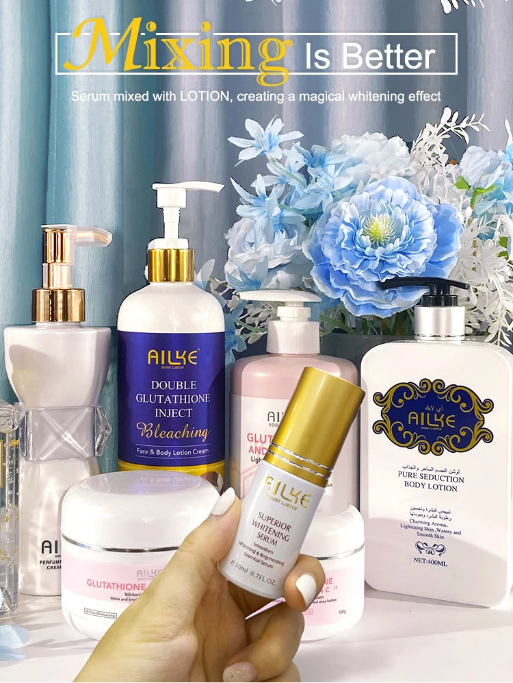 Crème de soin éclaircissante pour la peau AILKE, lotion éclaircissante, élimine les taches foncées avec glutathion, beurre de karité, crème corporelle hydratante