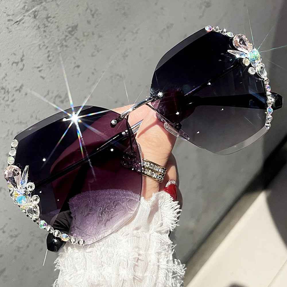 Lunettes de soleil de luxe au design vintage sans monture avec strass 2025 pour femmes et hommes, verres dégradés tendance, lunettes de soleil pour femme