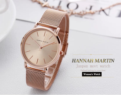 Montre pour femme HANNAH MARTIN en acier inoxydable de qualité, mouvement à quartz japonais, étanche, 36 mm, entièrement or rose, idéale pour le dropshipping.