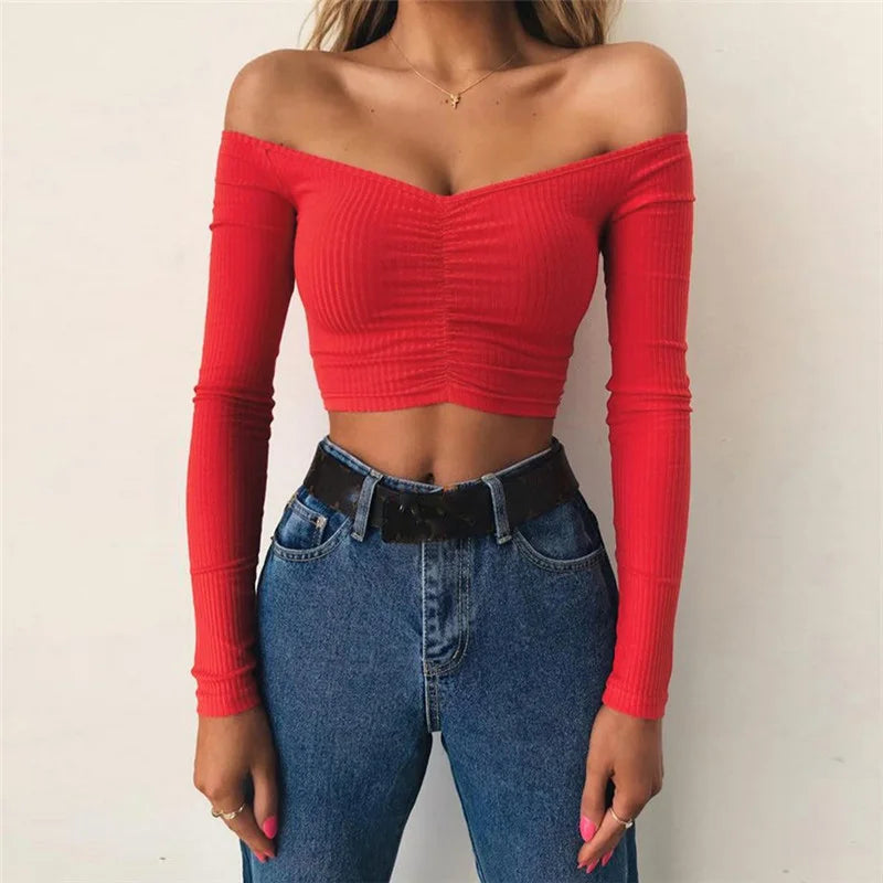 T-shirts pour femmes sexy et mode club, T-shirt femme à manches longues épaules dénudées couleur unie, T-shirt basique d’automne pour femme