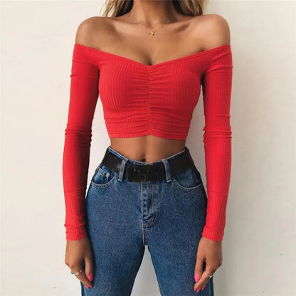 T-shirts pour femmes sexy et mode club, T-shirt femme à manches longues épaules dénudées couleur unie, T-shirt basique d’automne pour femme