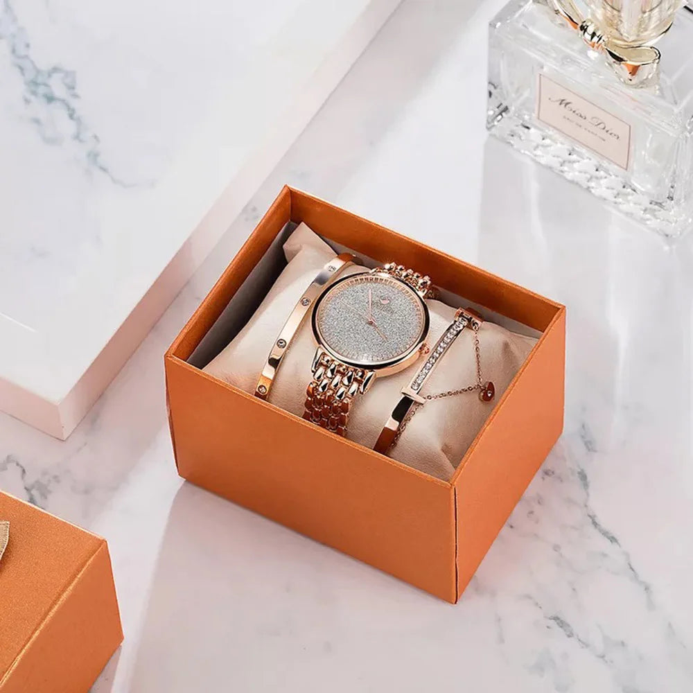Montre femme de luxe au tempérament élégant, montre-bracelet pour femme avec bracelet, lot de 3 pièces, montre à chaîne pour anniversaire, reloj feminino
