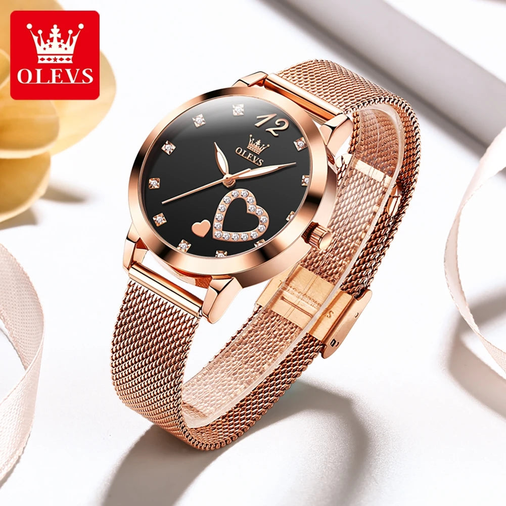 Montre pour femme OLEVS 5189, montre-bracelet à quartz, montre décontractée et tendance pour dames, étanche, lumineuse, bracelet en maille, cadran cœur, index en zircon.