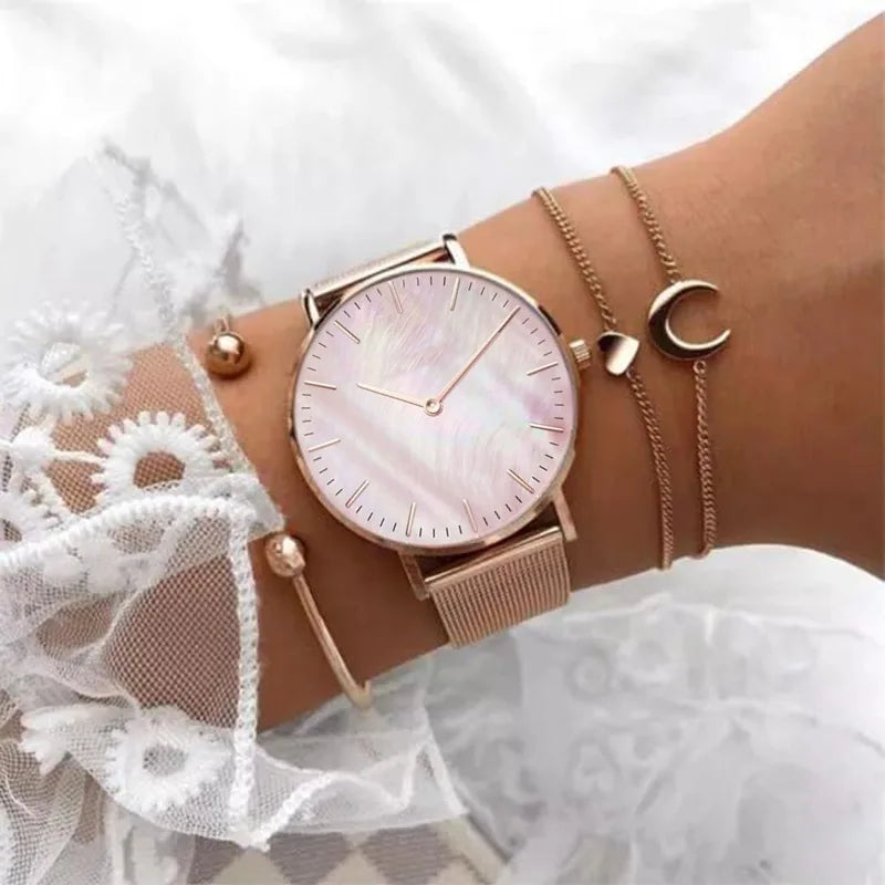 Montres pour femmes tendance de luxe à quartz en alliage pour femme, bracelet en maille métallique, montre simple pour femme, horloge féminine, montre femme