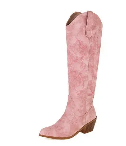 Bottes de chevalier à bout pointu pour femmes en cuir PU marron, bottes hautes jusqu’au genou pour femme, style western cowboy automne-hiver, longues bottes mujer 2024