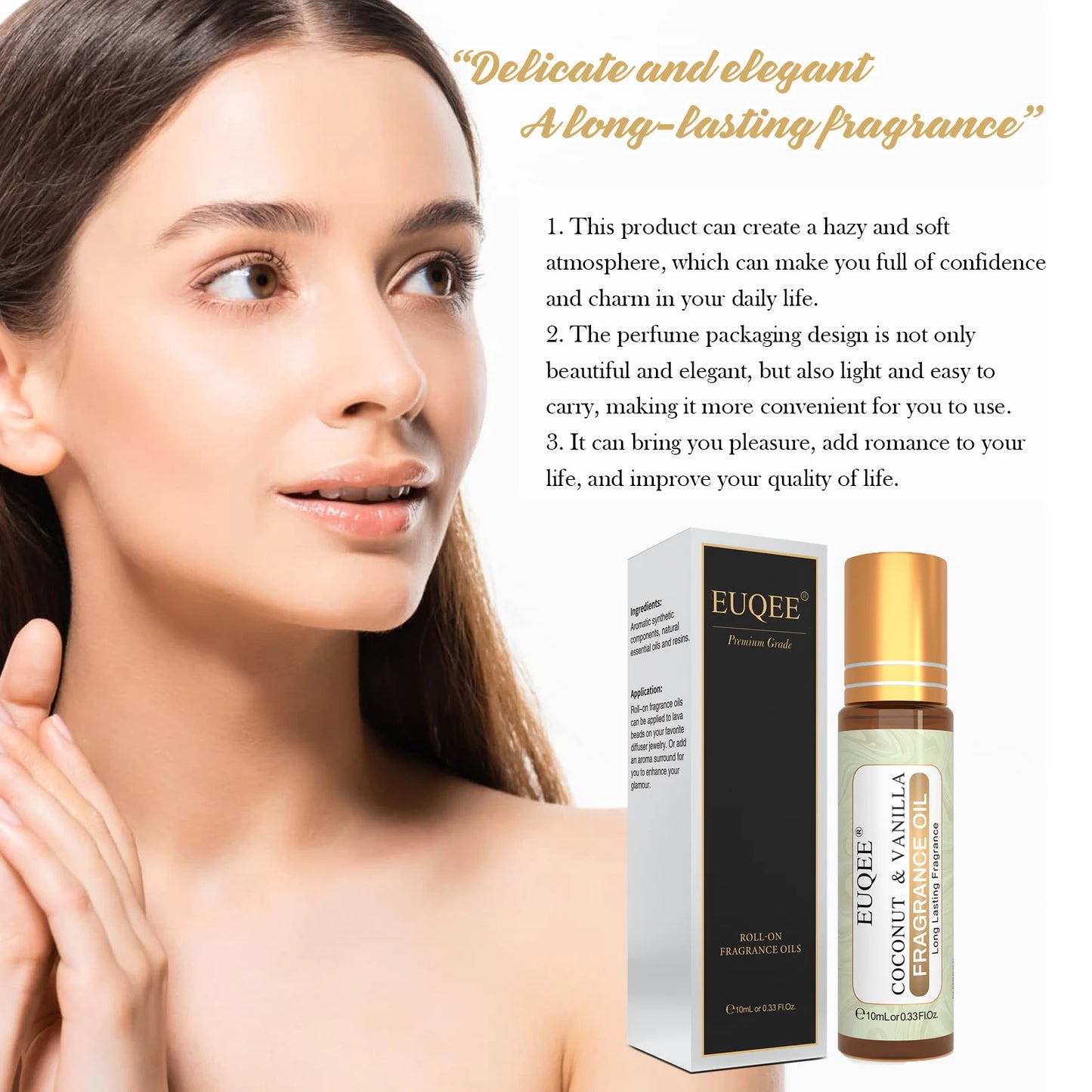 EUQEE 10 ml Huile de parfum à bille pour femmes – huiles aromatiques Coconut Vanilla, Bubble Gum, Bright Crystal, Bombshell, Midnight Rose, Angel