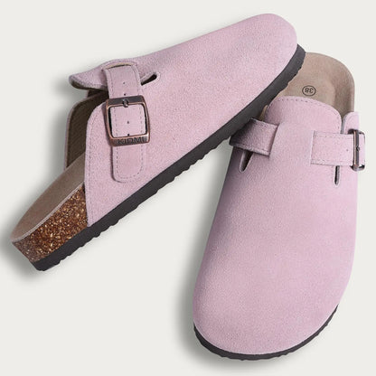 Litfun Nouveaux sabots pour femmes, mules en suède de liège tendance pour femmes, chaussons classiques en liège antidérapants pour l’extérieur avec soutien de la voûte plantaire