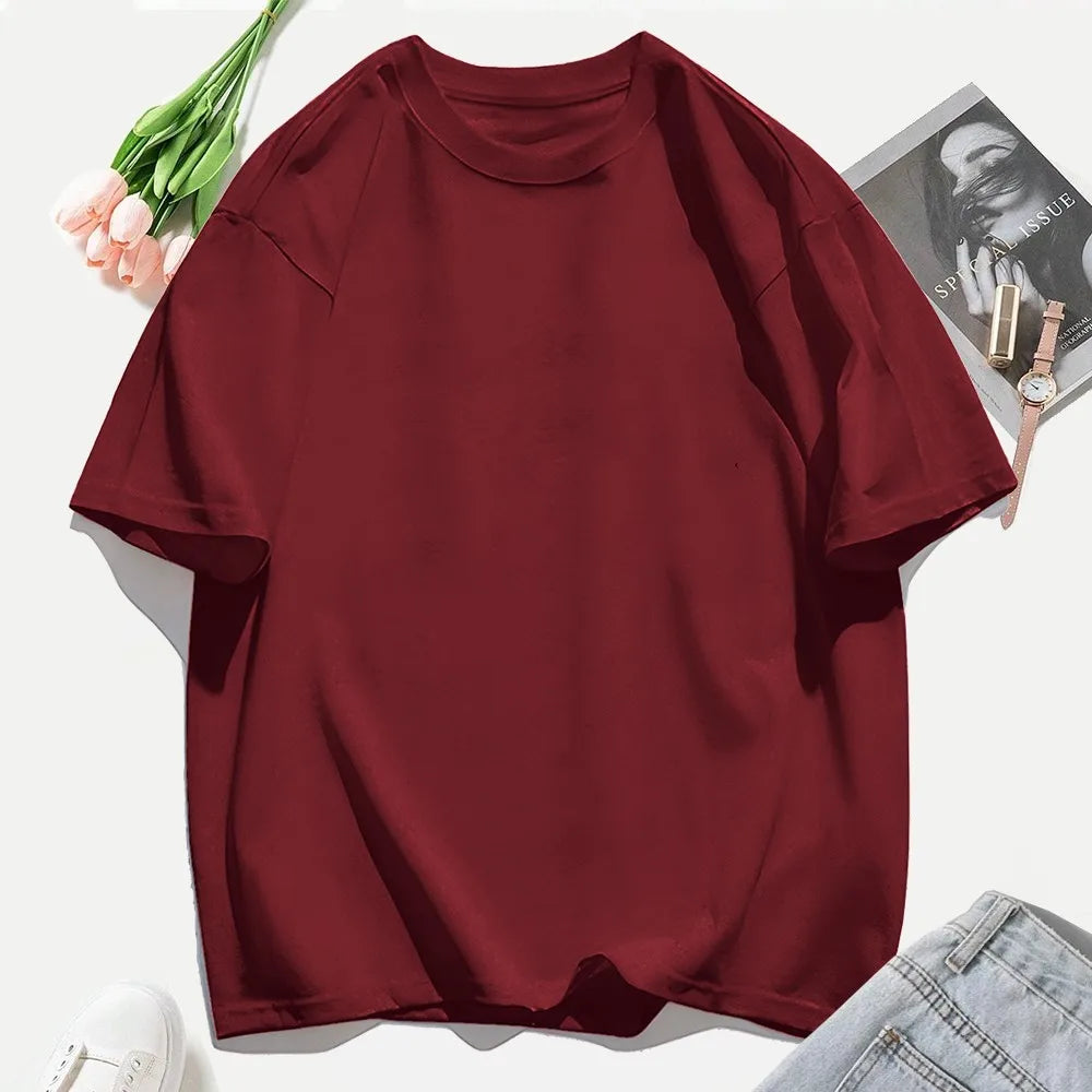 T-shirt femme Y2K 100 % coton, t-shirt décontracté de couleur unie, col rond, hauts d’été pour femmes, mode oversize, sportswear féminin tendance.